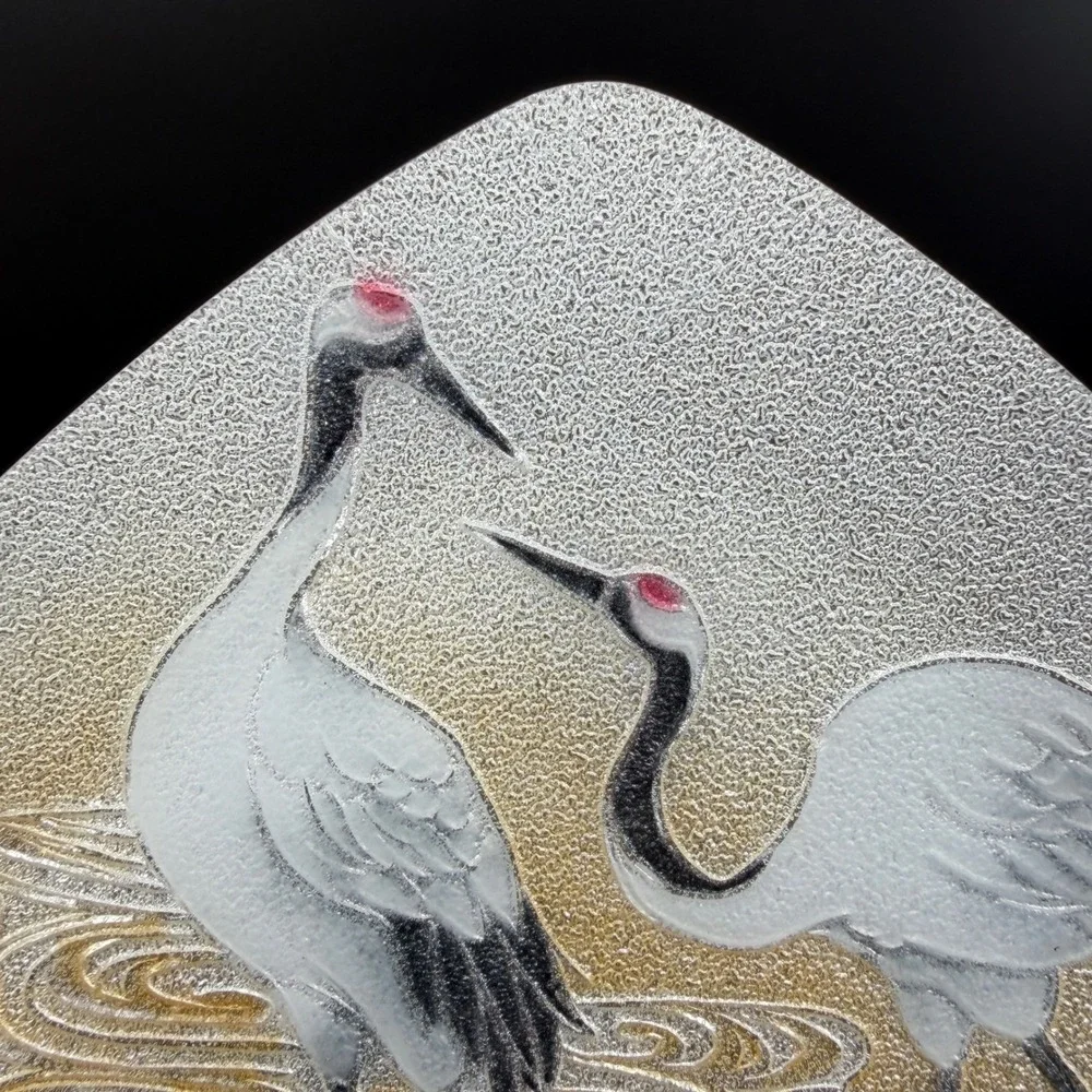 Ando Cloisonne Japanese Enamel Fan Plate Red Crowned Cranes Silver Gold w Stand